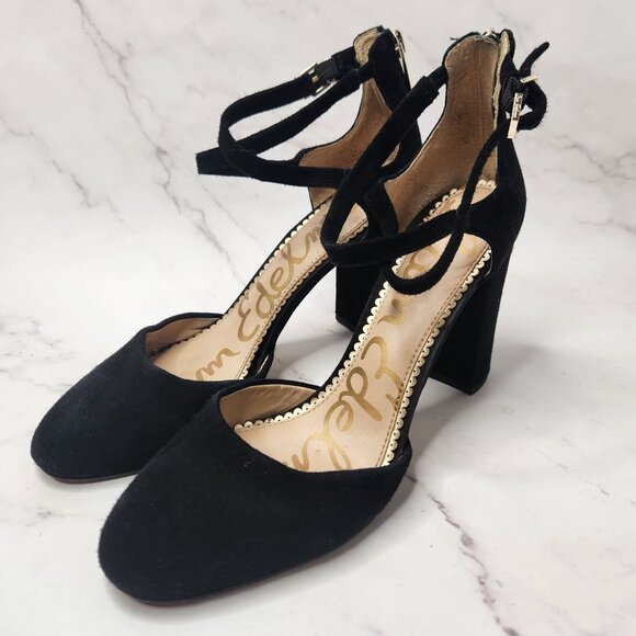 Sam Edelman Suede Leather Black Strappy Heels Chunky Block Heel Women's 8.5 - Picture 2 of 10